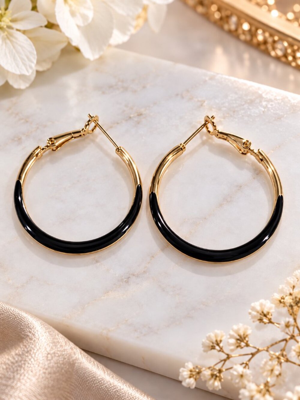 Gold Tone Black Enamel Accent Hoop Earrings Statement Women's Fashion Jewelry